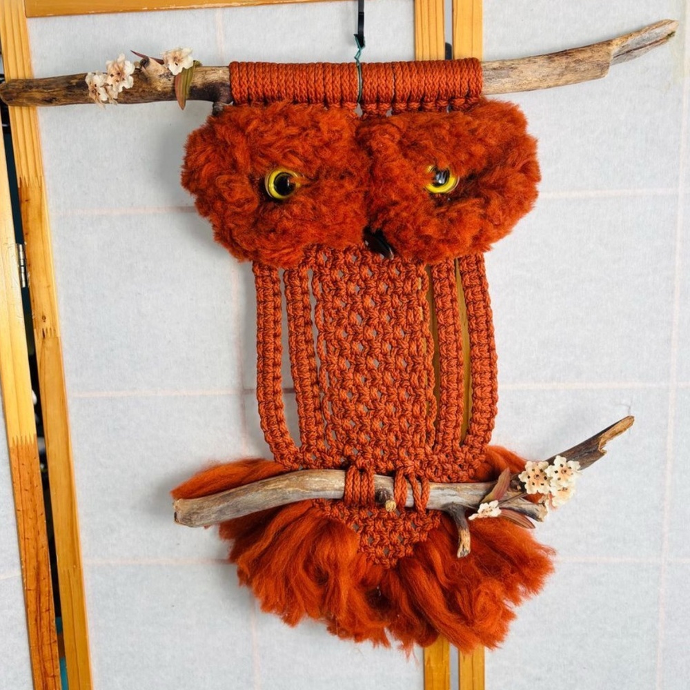 RARE Vintage XL Orange Owl Macrame Wall Hanging Bead Eyes Wood Branch Retro Boho